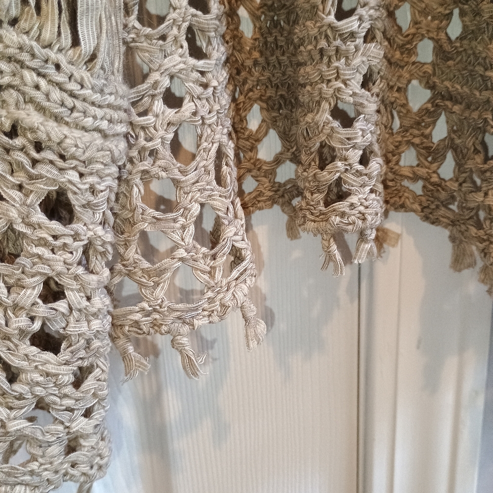 Reba Boho Crochet Fringe Knit Duster Cardigan Medium Neutral‎ Tan Festival... - Picture 6 of 12